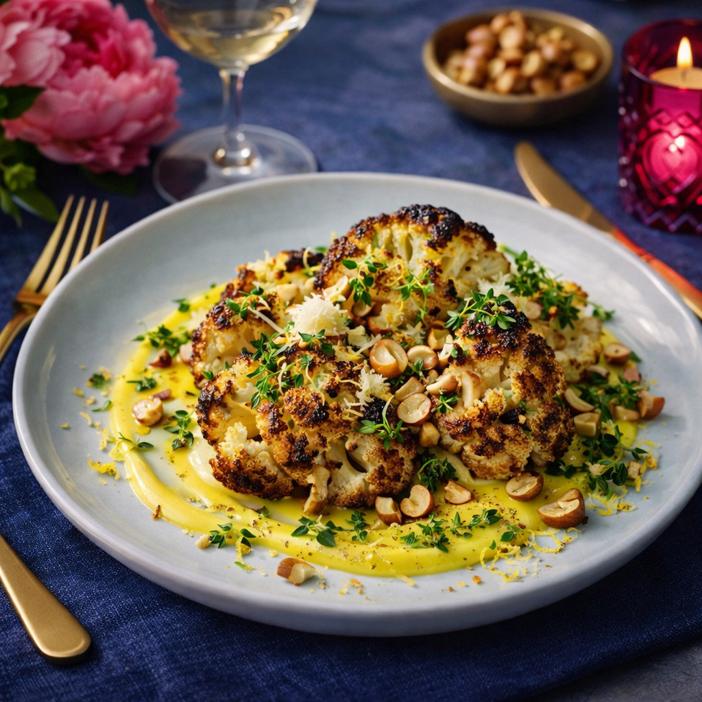 Roasted cauliflower florets with brown butter, chopped hazelnuts and lemon emulsion on a plate
