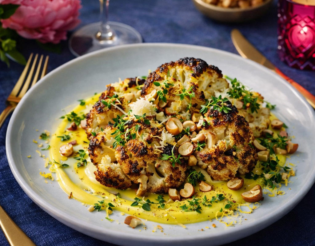 Roasted cauliflower florets with brown butter, chopped hazelnuts and lemon emulsion on a plate