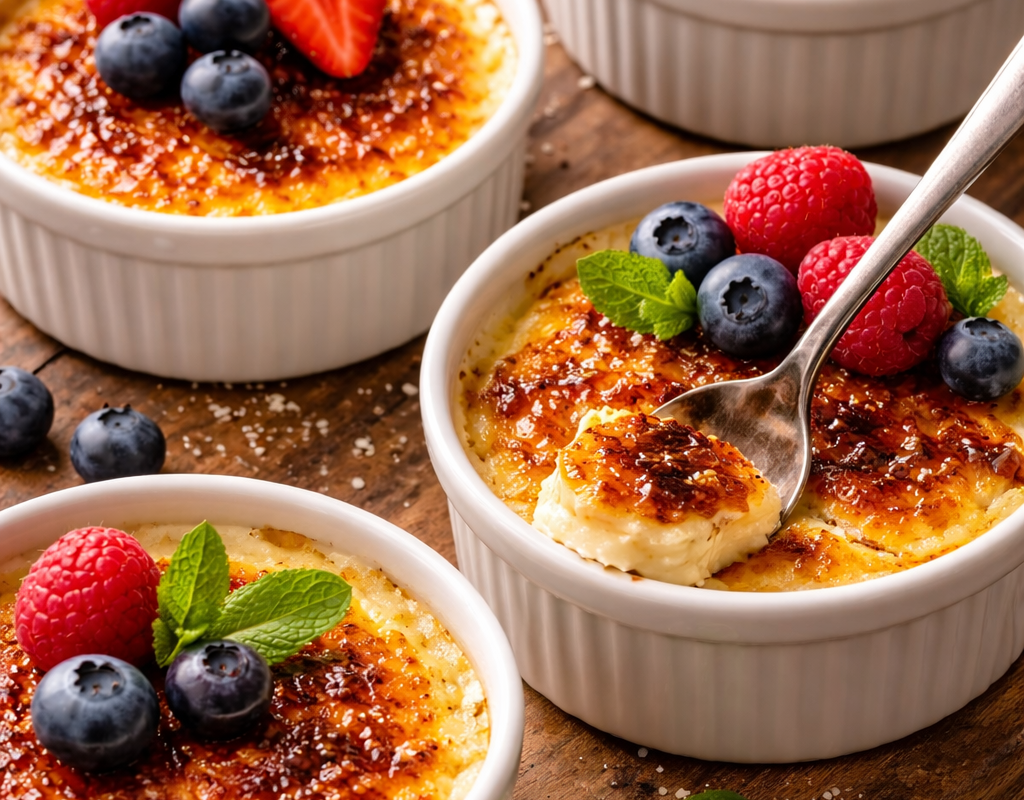 Crème brûlée with a cracked caramelised sugar top