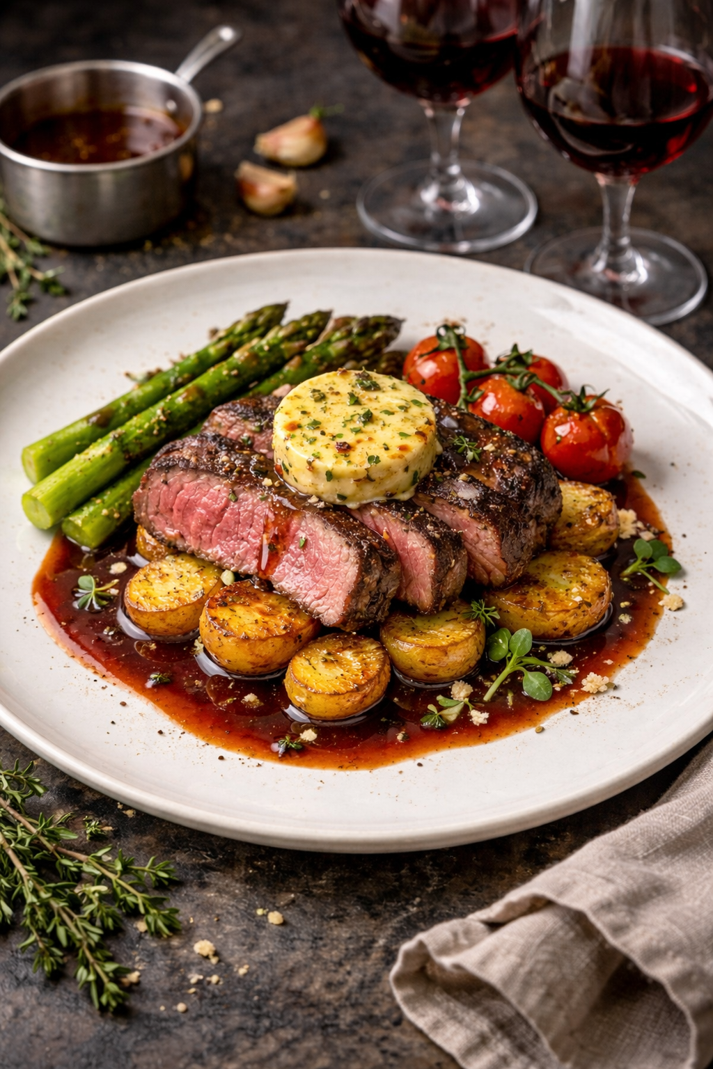 Sliced entrecôte with herb butter, crispy potatoes and red wine sauce