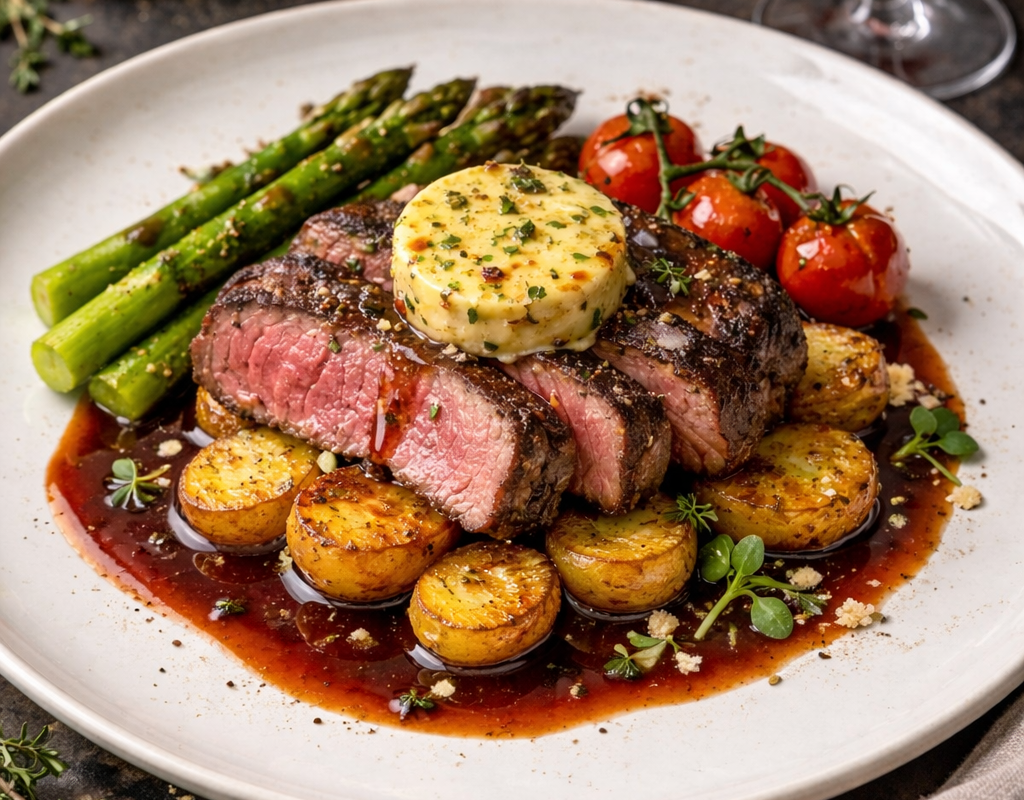 Sliced entrecôte with herb butter, crispy potatoes and red wine sauce