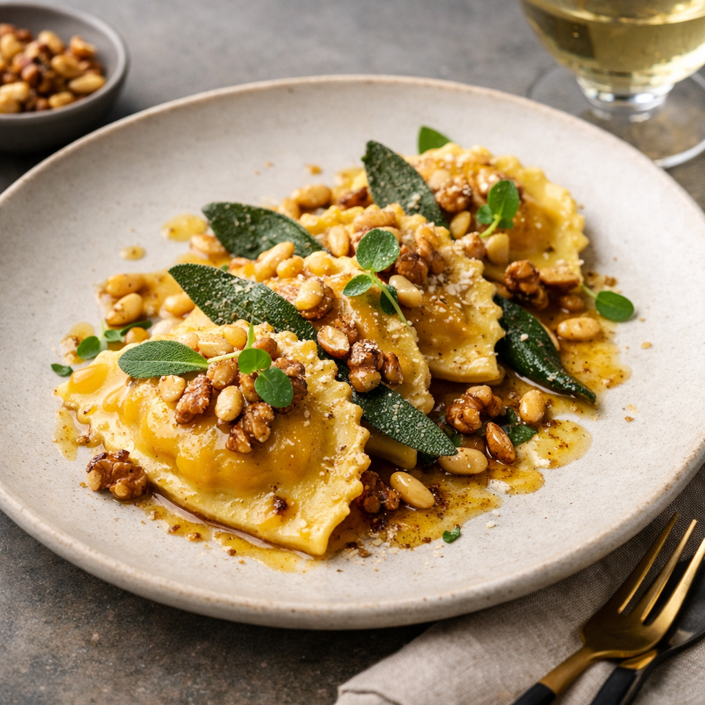 Pumpkin ravioli with sage butter and toasted nuts