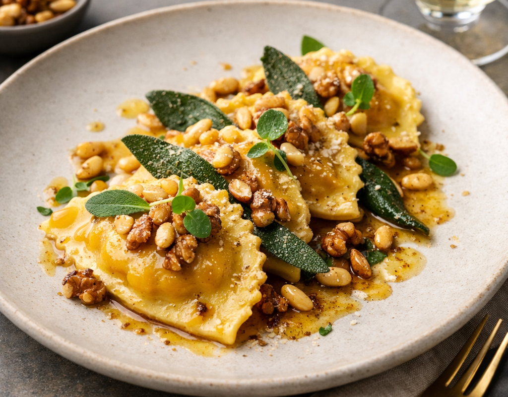 Pumpkin ravioli with sage butter and toasted nuts