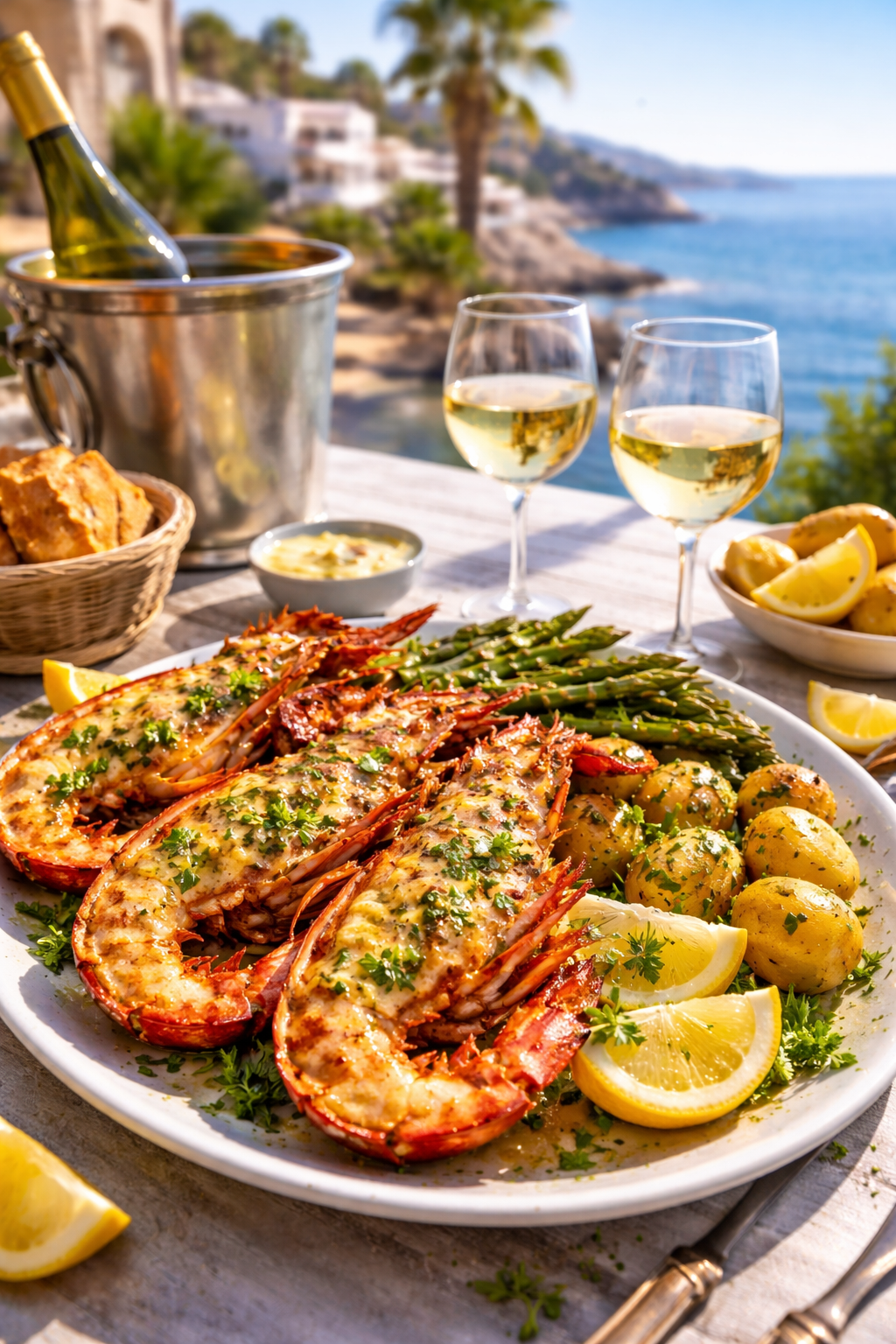 Grilled lobster halves with garlic butter and lemon