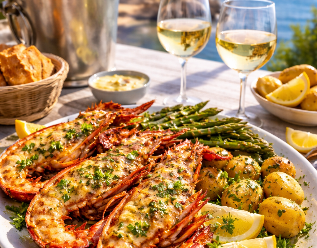 Grilled lobster halves with garlic butter and lemon