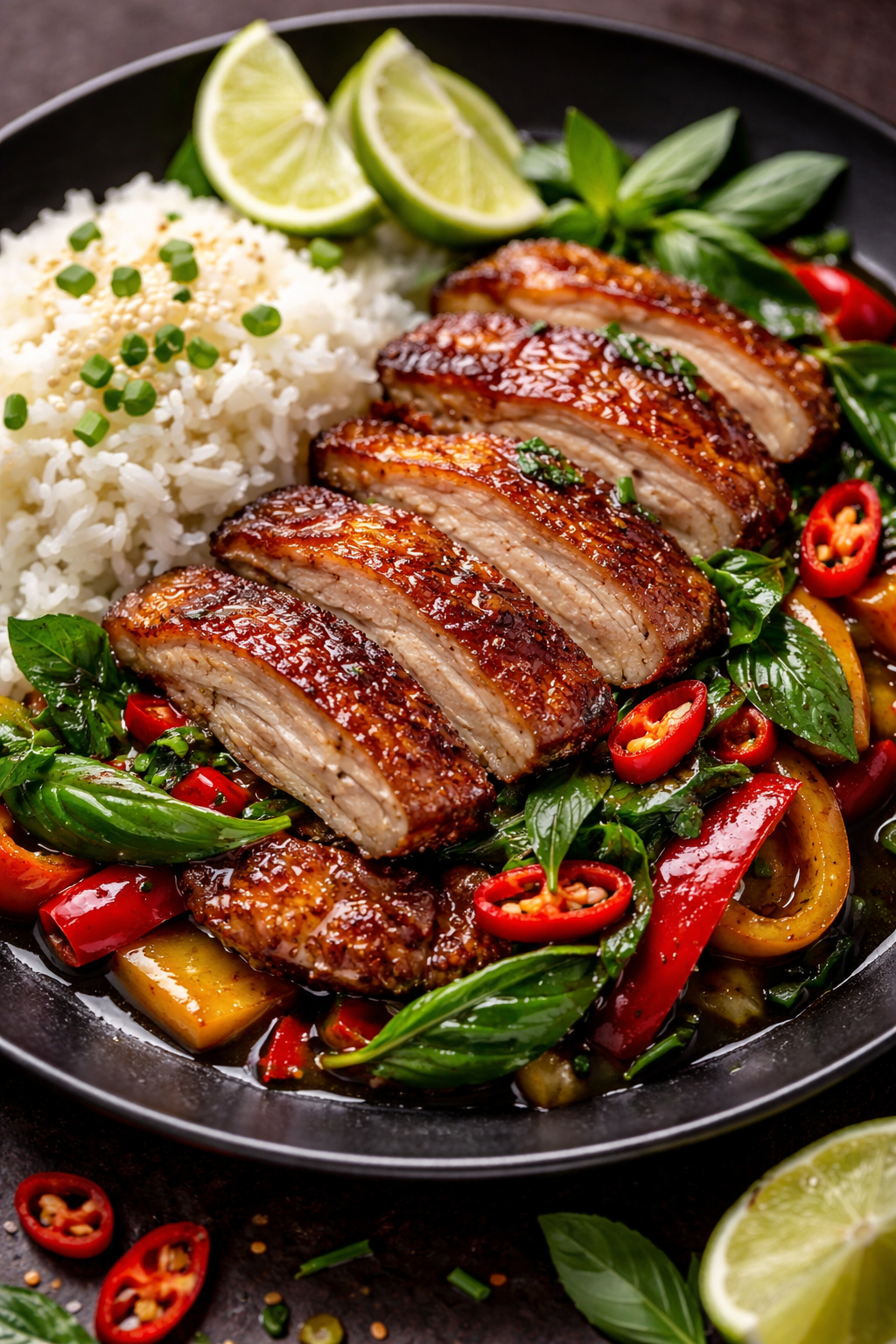 Sliced crispy duck breast stir-fried with Thai basil, red chili and bell pepper