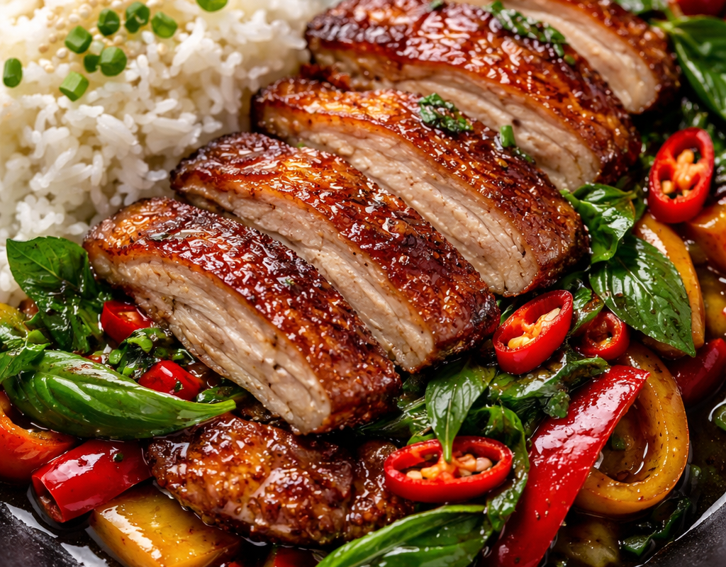 Sliced crispy duck breast stir-fried with Thai basil, red chili and bell pepper
