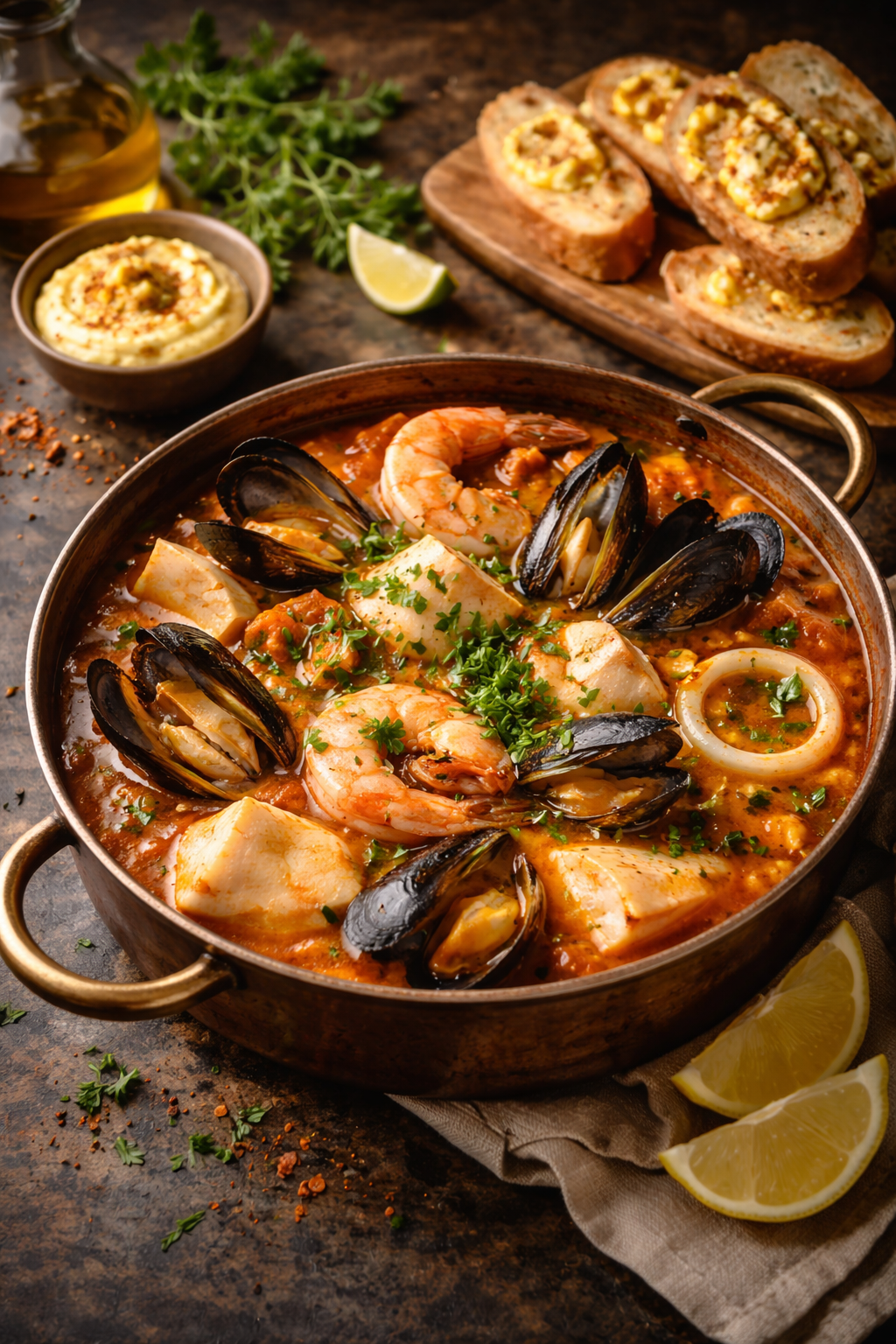 Bouillabaisse with fish, mussels and shrimp in saffron broth