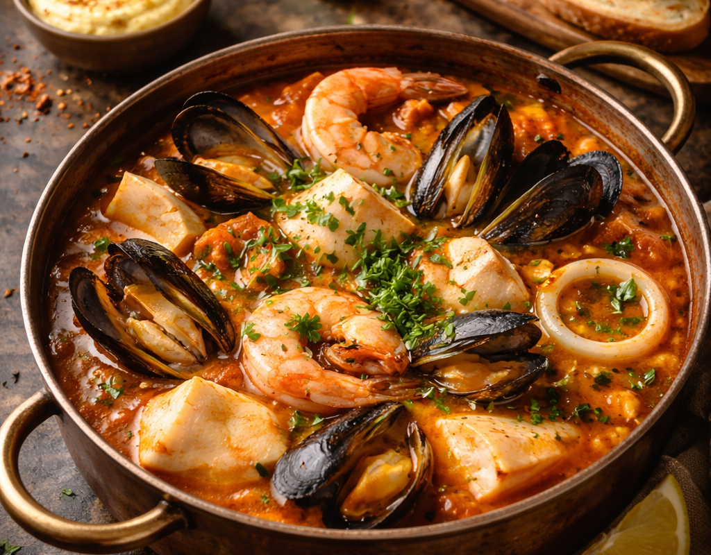 Bouillabaisse with fish, mussels and shrimp in saffron broth