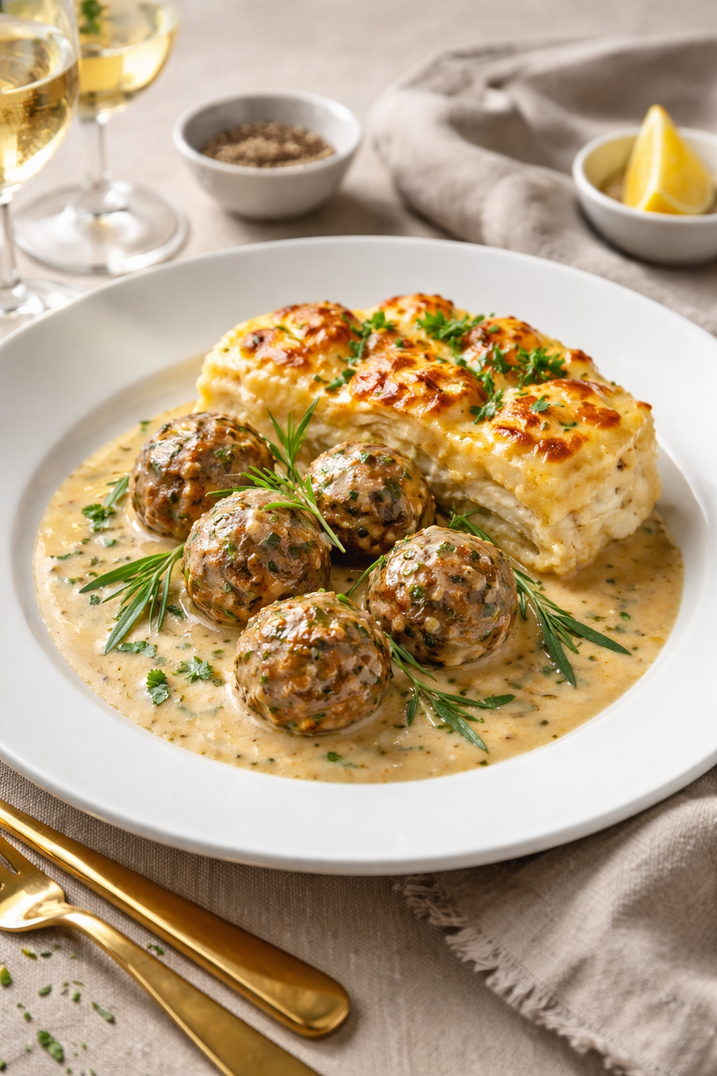 Köttbullar i krämig sås med dijonsenap, vitt vin och färsk dragon