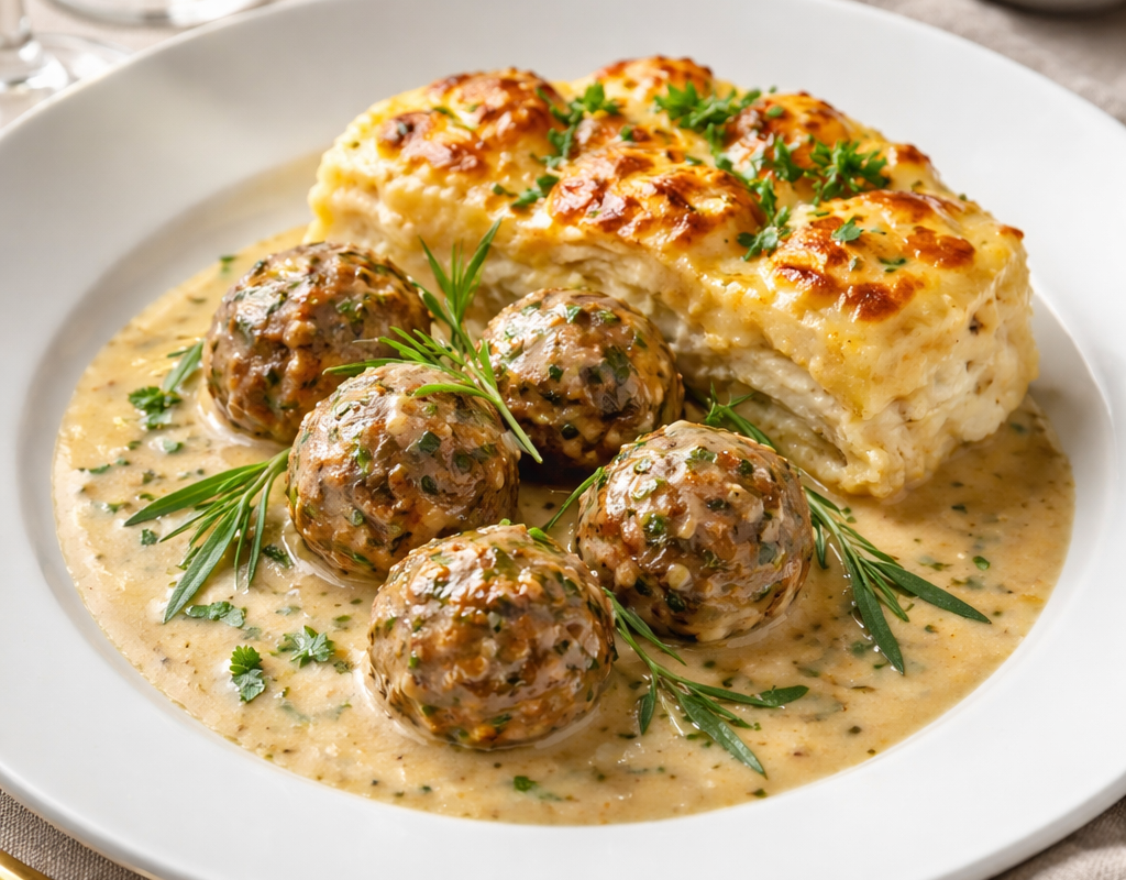 Köttbullar i krämig sås med dijonsenap, vitt vin och färsk dragon