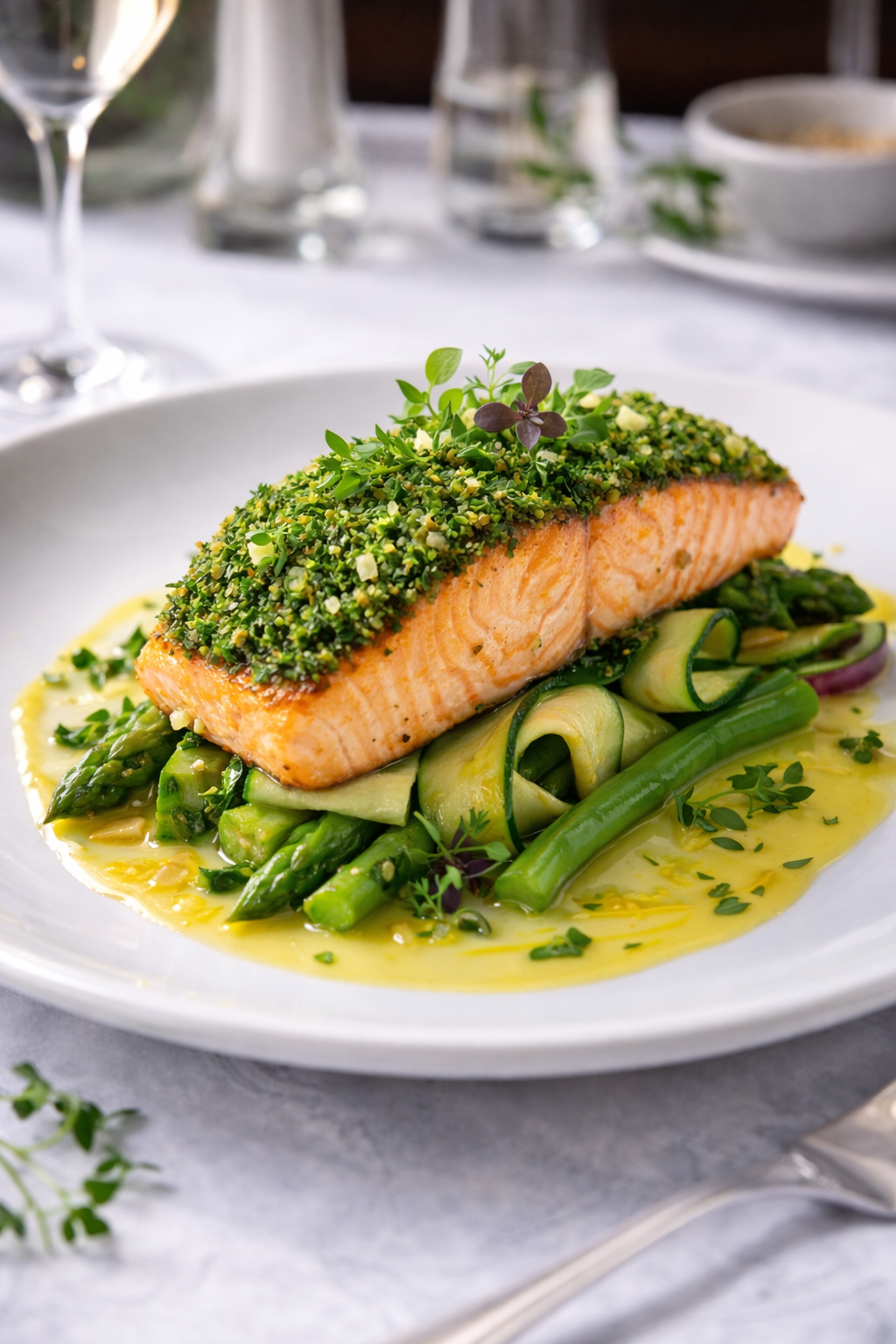 Herb-crusted salmon with asparagus and green beans