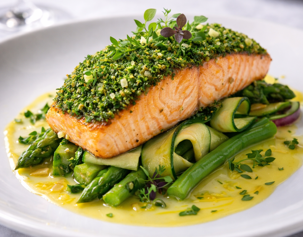 Herb-crusted salmon with asparagus and green beans