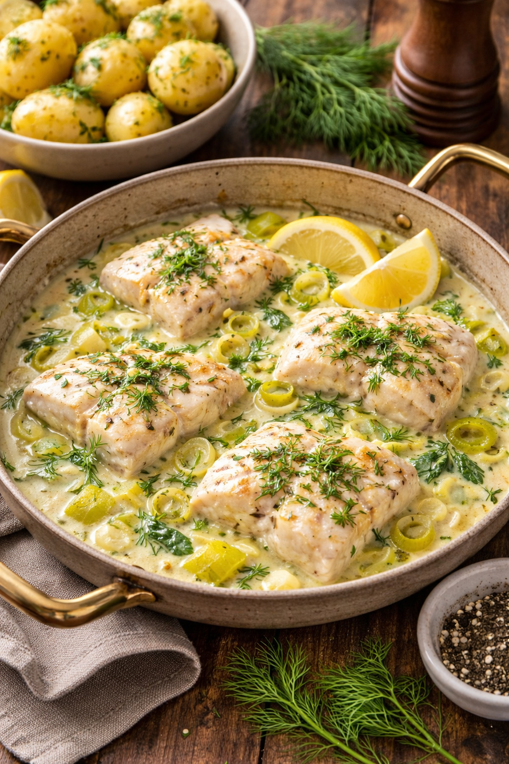 Cod fillets in creamy leek sauce with dill