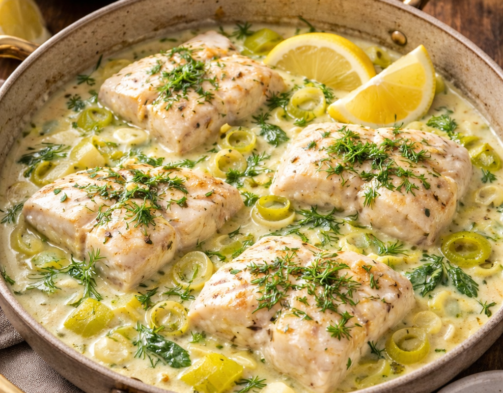 Cod fillets in creamy leek sauce with dill