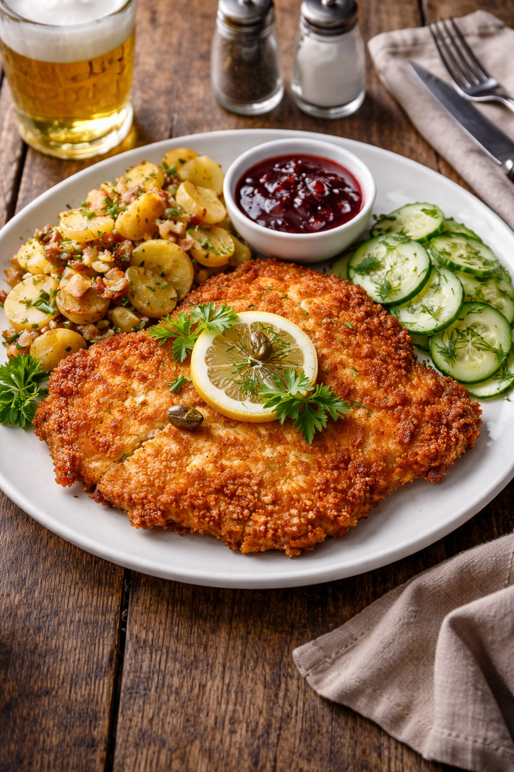 Wienerschnitzel med potatissallad, lingonsylt och citronklyfta på en tallrik, fotograferad i naturligt ljus