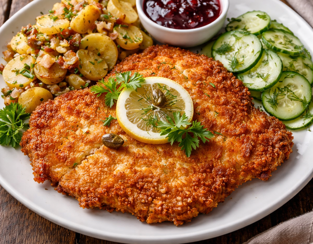 Wienerschnitzel med potatissallad, lingonsylt och citronklyfta på en tallrik, fotograferad i naturligt ljus