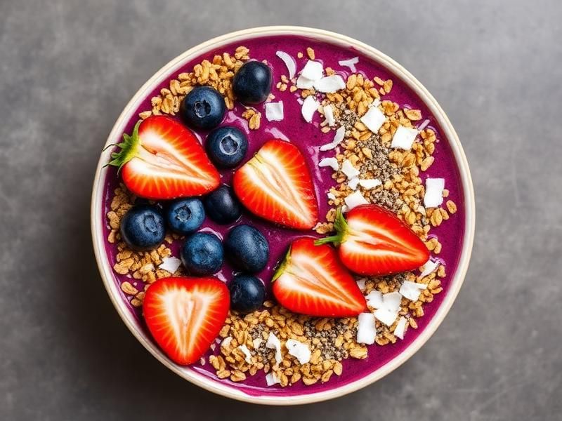 Açaí bowl topped with berries, banana and granola