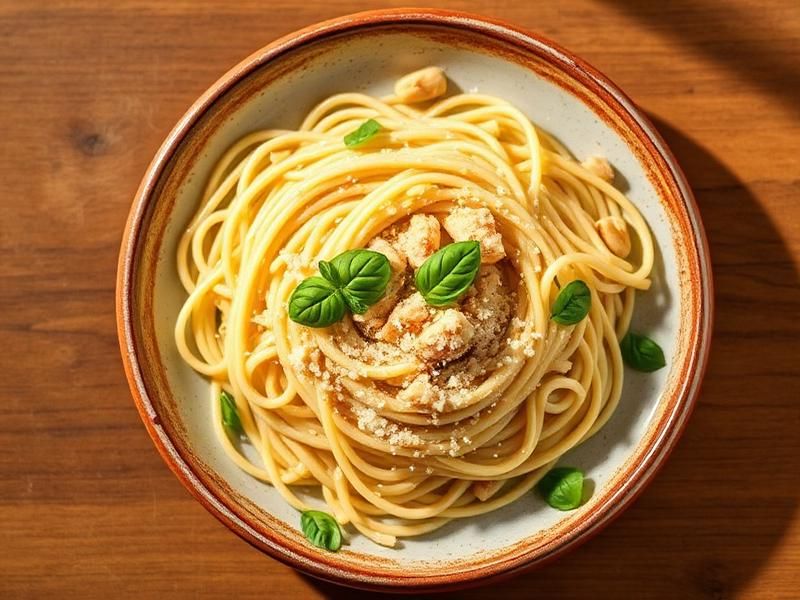 Spaghetti in creamy basil sauce with fresh basil leaves