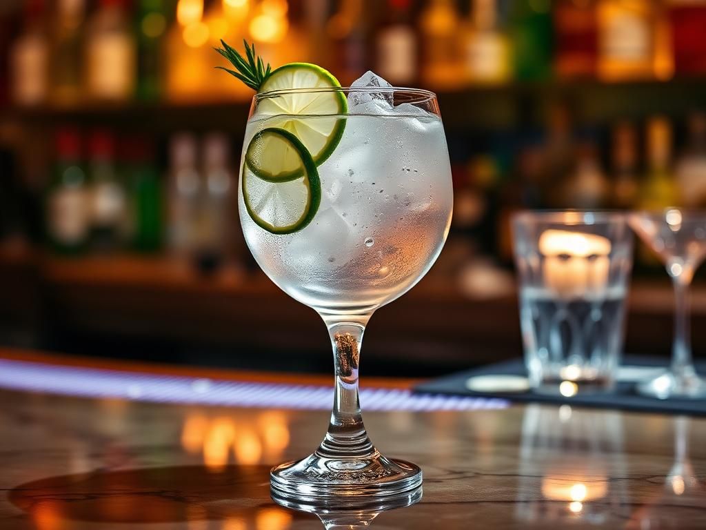 Gin and tonic in a glass with ice and lime