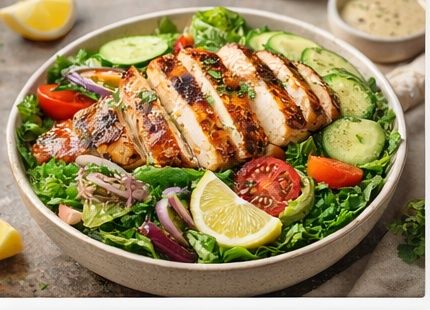 Salad bowl with sliced grilled chicken and fresh vegetables