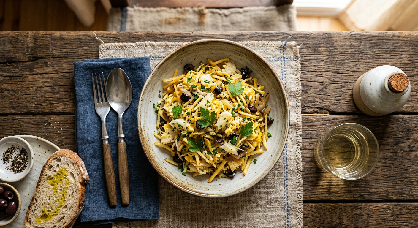 Shredded salt cod with potato straws, egg and olives