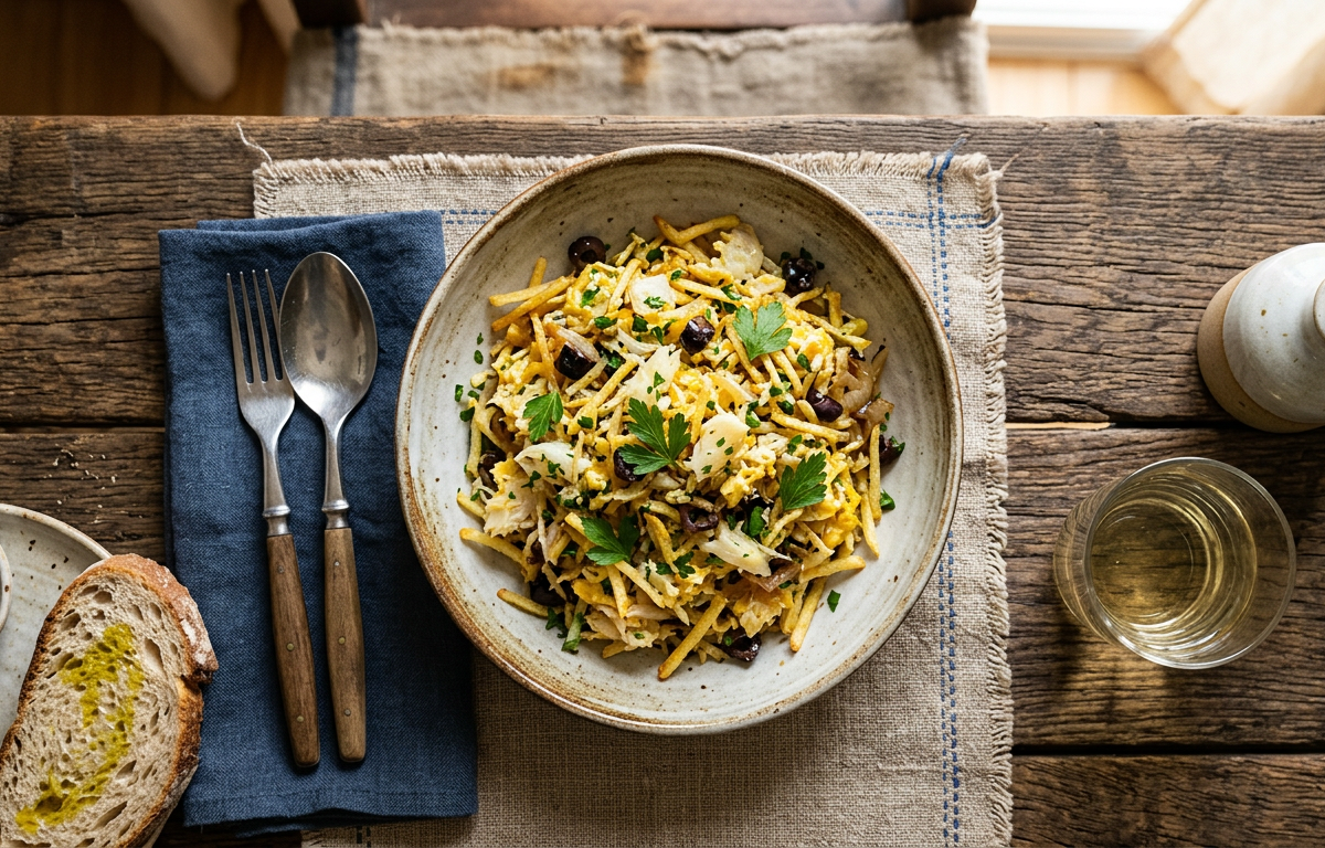 Shredded salt cod with potato straws, egg and olives