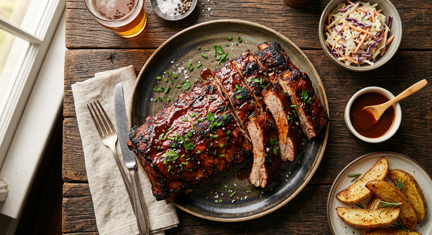 Glazed barbecue pork ribs on a board
