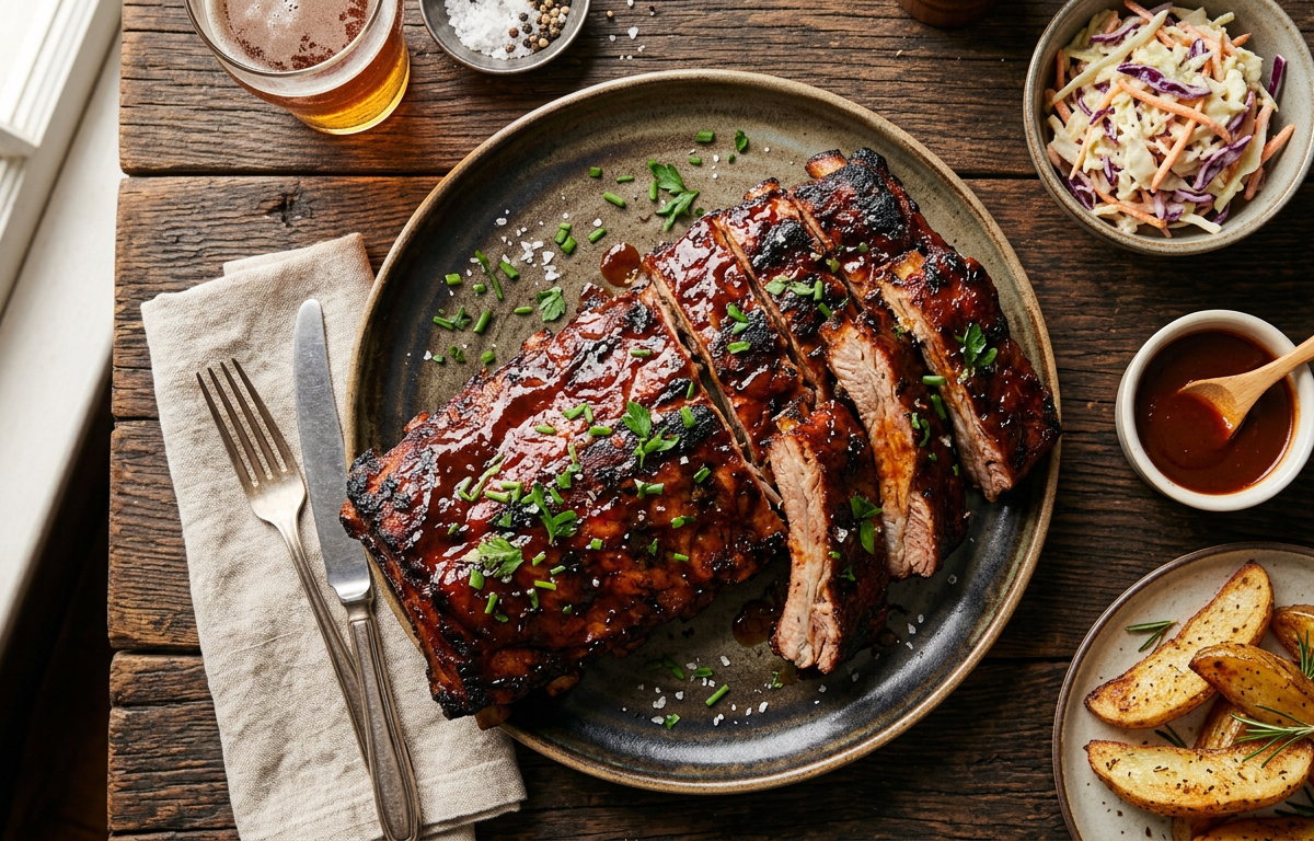 Glazed barbecue pork ribs on a board