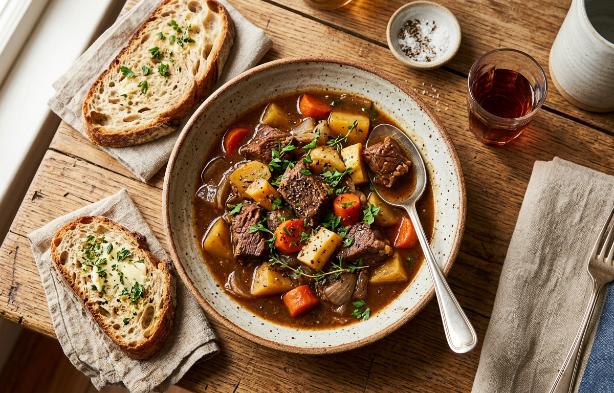 Beef stew with carrots and potatoes in a bowl