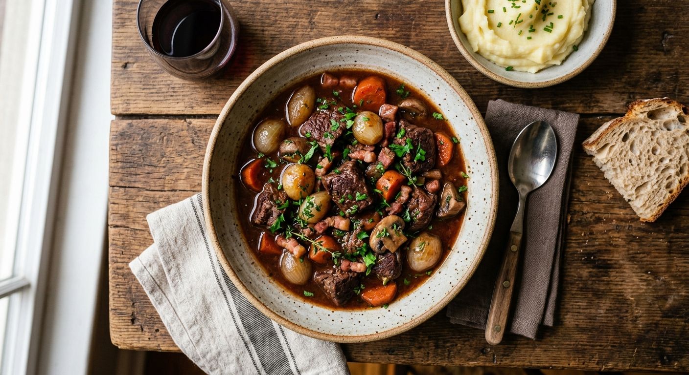 Beef bourguignon with mushrooms and pearl onions in red wine sauce