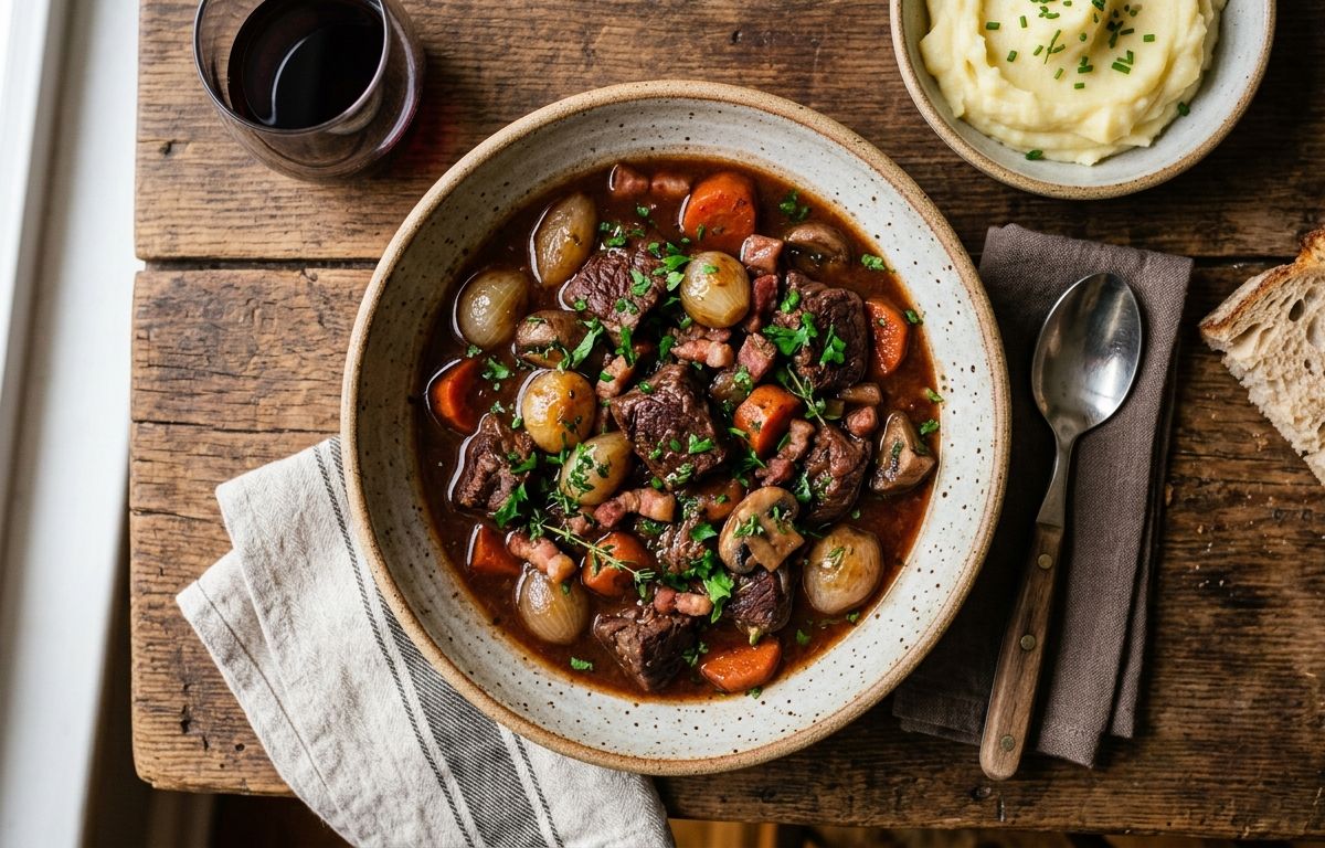 Beef bourguignon with mushrooms and pearl onions in red wine sauce