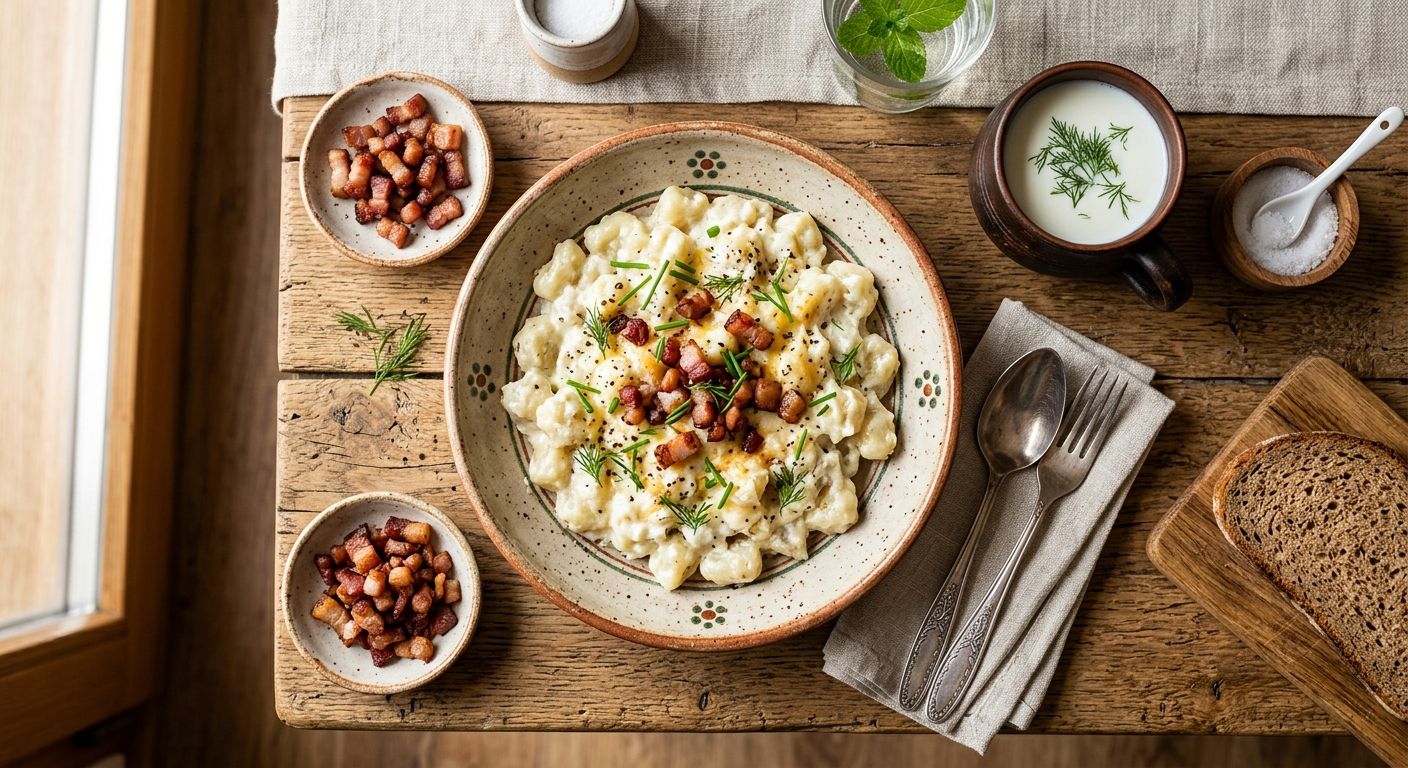 Potato dumplings with sheep cheese and crispy bacon