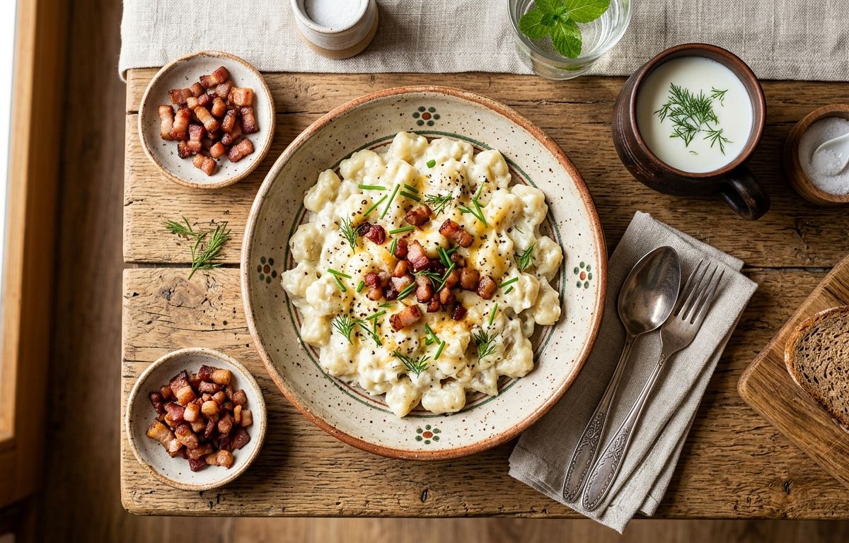 Potato dumplings with sheep cheese and crispy bacon