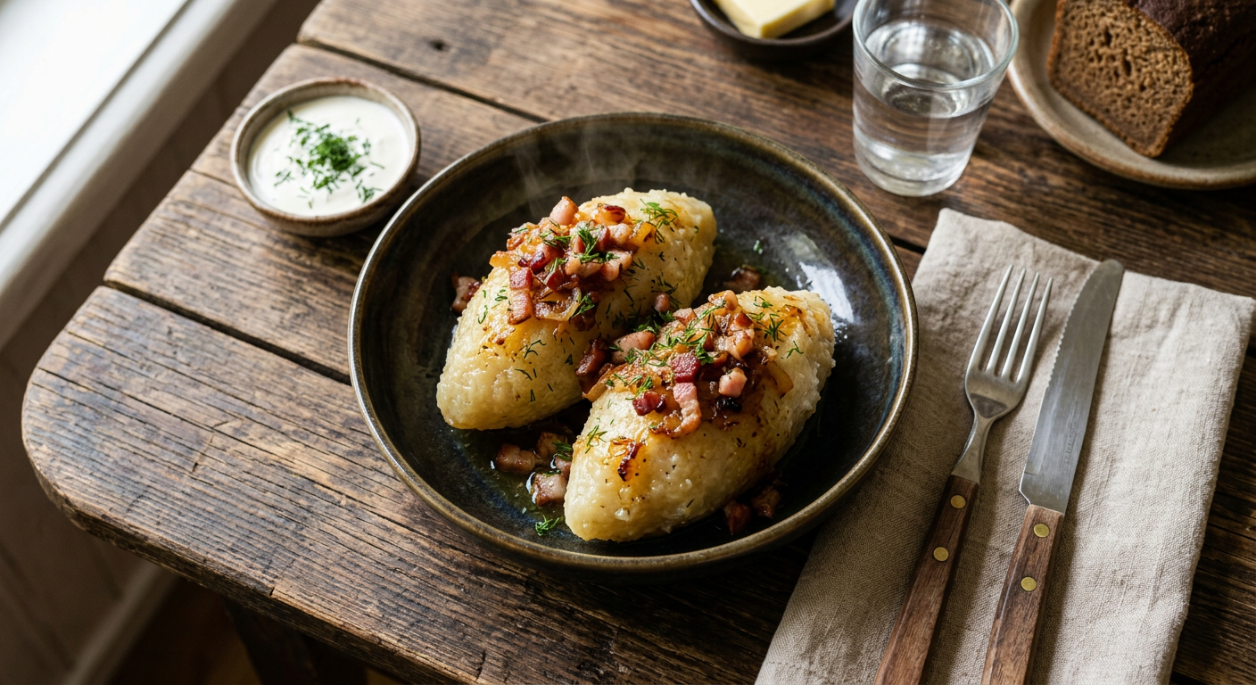 Lithuanian potato dumplings with bacon and sour cream