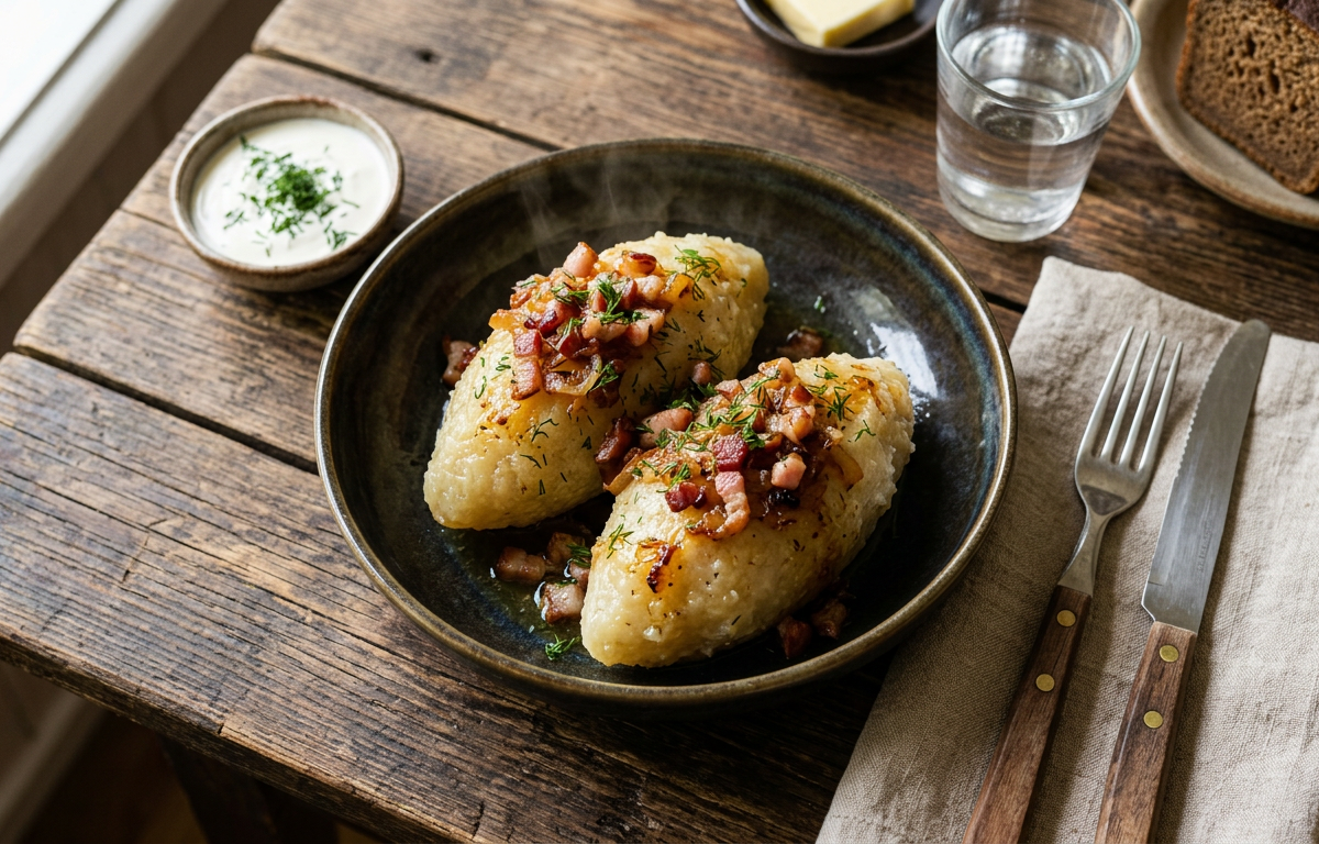 Lithuanian potato dumplings with bacon and sour cream