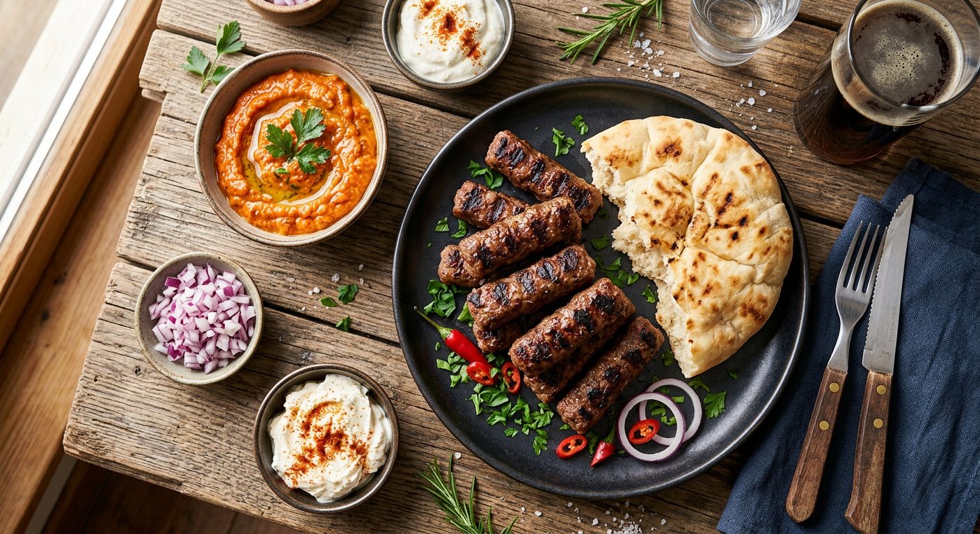 Grilled ćevapi with flatbread and chopped onion