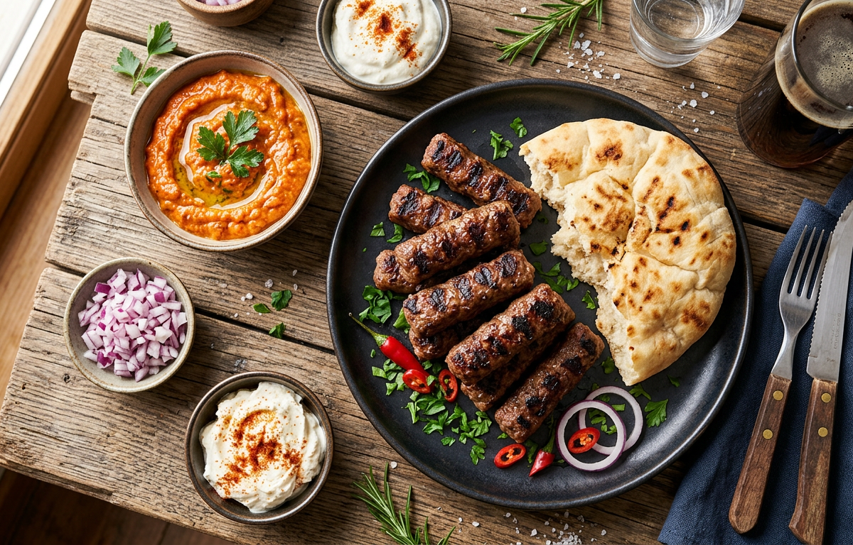 Grilled ćevapi with flatbread and chopped onion