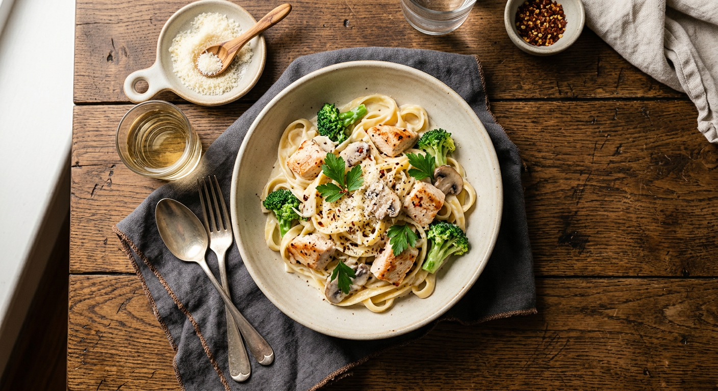 Fettuccine in creamy alfredo sauce with sliced chicken