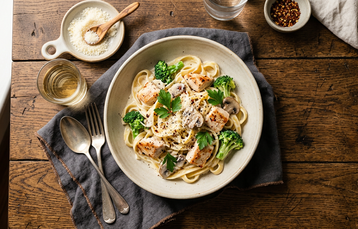 Fettuccine in creamy alfredo sauce with sliced chicken