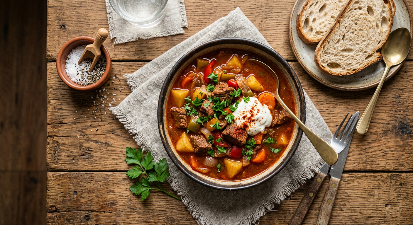 Hungarian goulash with paprika broth and beef