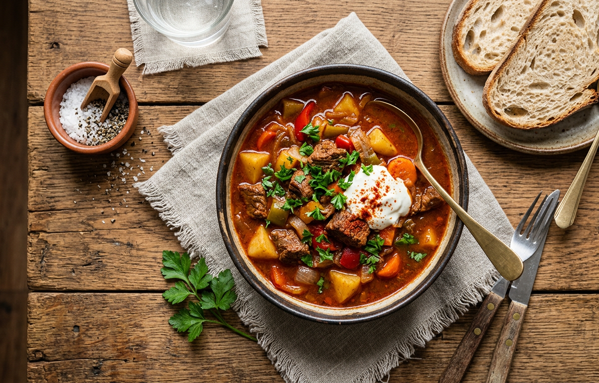 Hungarian goulash with paprika broth and beef