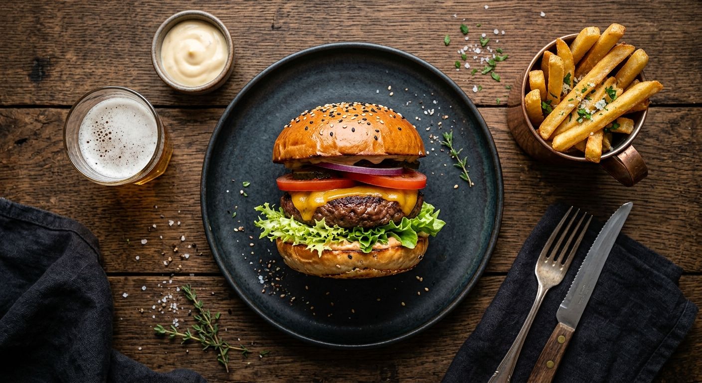 Burger with melted cheese, salad and toasted bun
