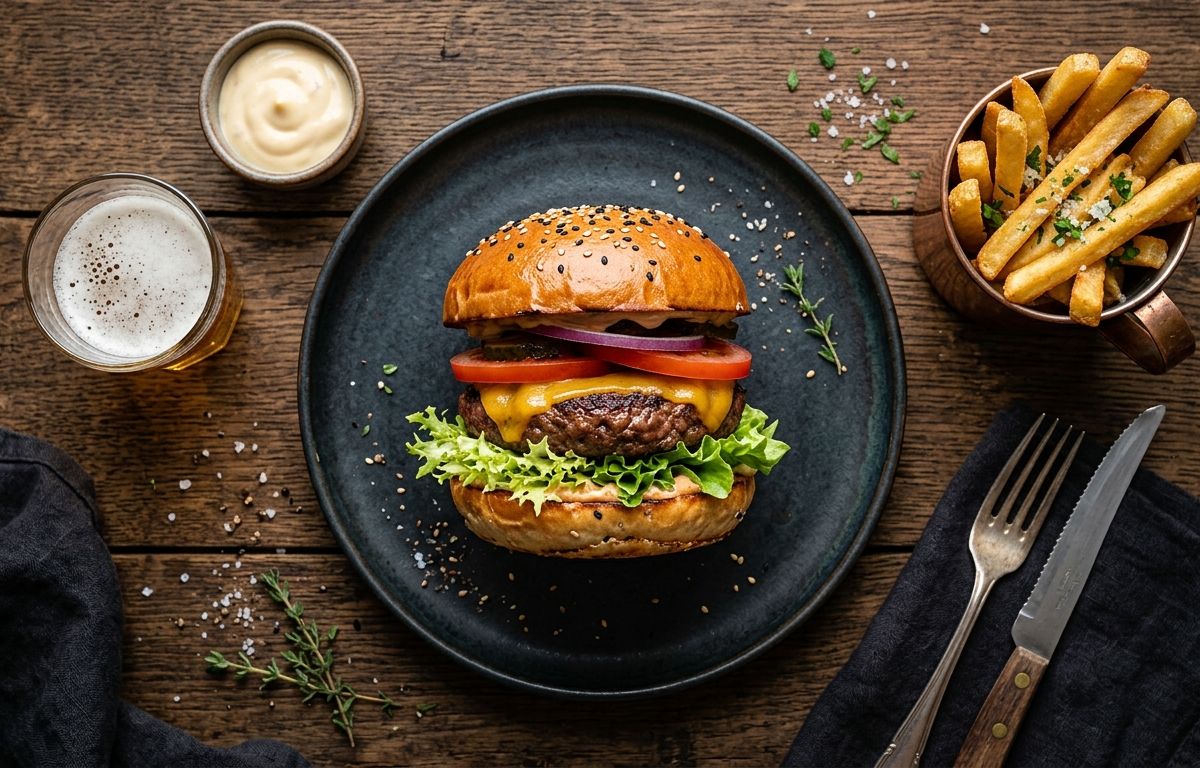 Burger with melted cheese, salad and toasted bun