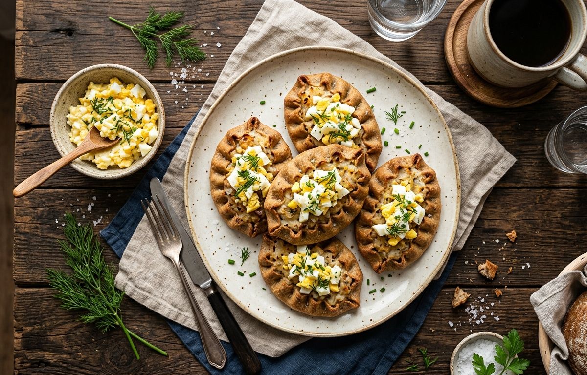 Karelian pies with rye crust and rice filling