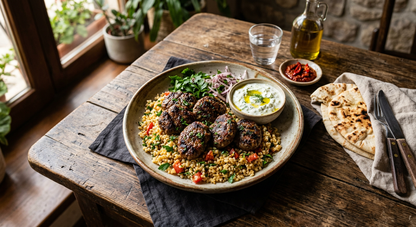 Grilled Turkish köfte skewers with flatbread