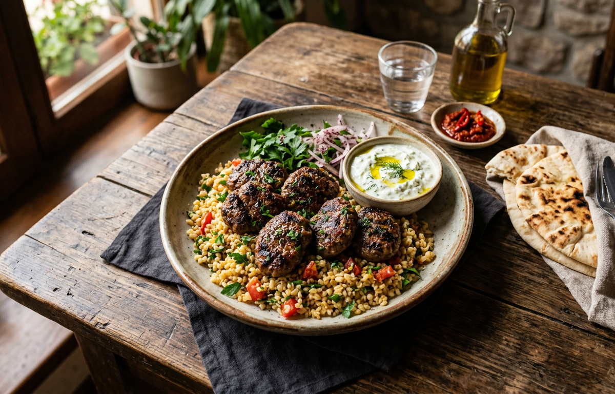 Grilled Turkish köfte skewers with flatbread