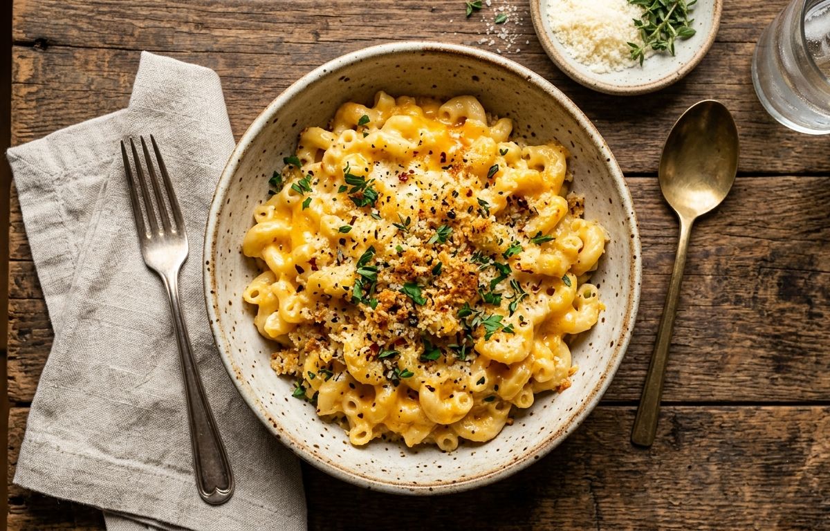 Baked macaroni and cheese with a golden crust