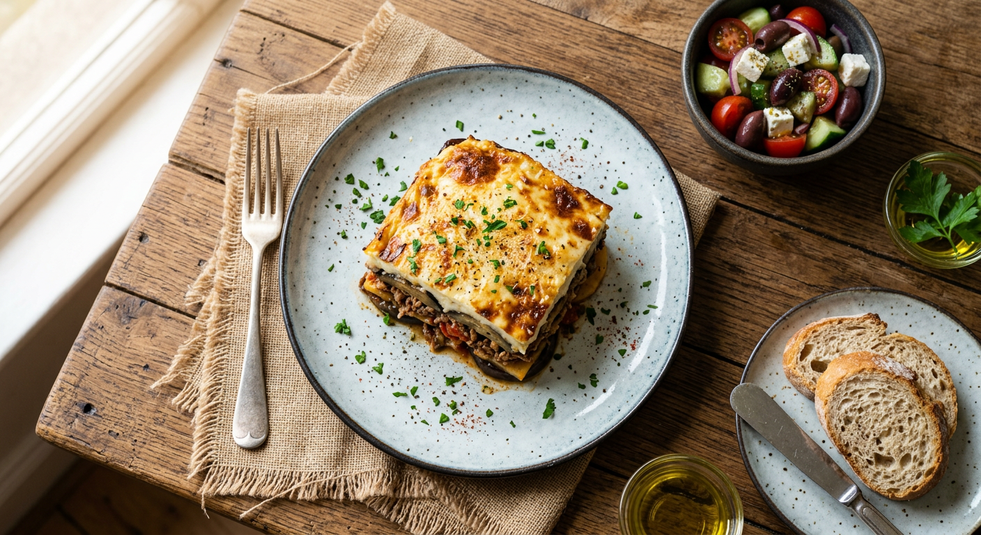 Moussaka layered with aubergine, minced meat and béchamel