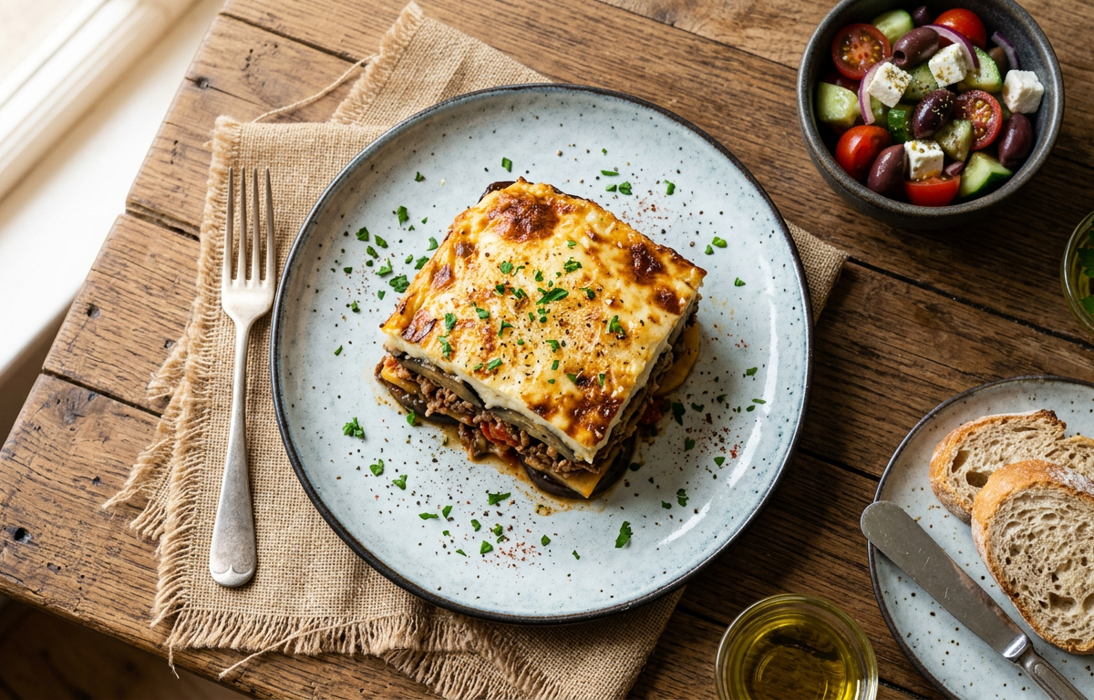 Moussaka layered with aubergine, minced meat and béchamel